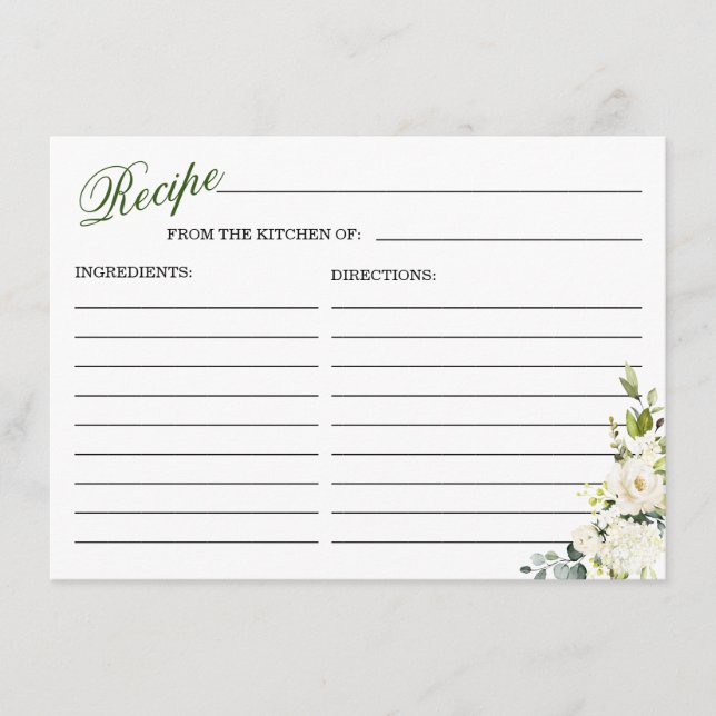 Ivory White Roses Floral Bridal Shower Recipe Card (Front)