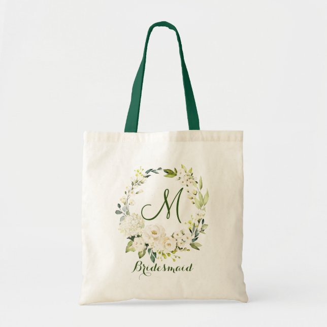 Ivory White Roses Floral Bridesmaid Tote Bag (Front)