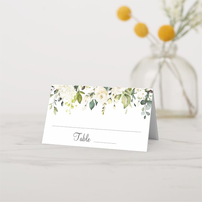 Ivory White Roses Floral Greenery Wedding Table Place Card (Front)