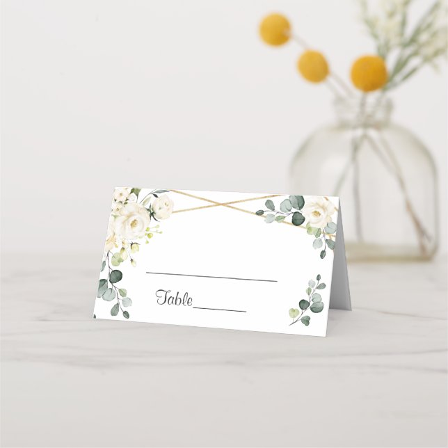 Ivory White Roses Floral Greenery Wedding Table Place Card (Front)