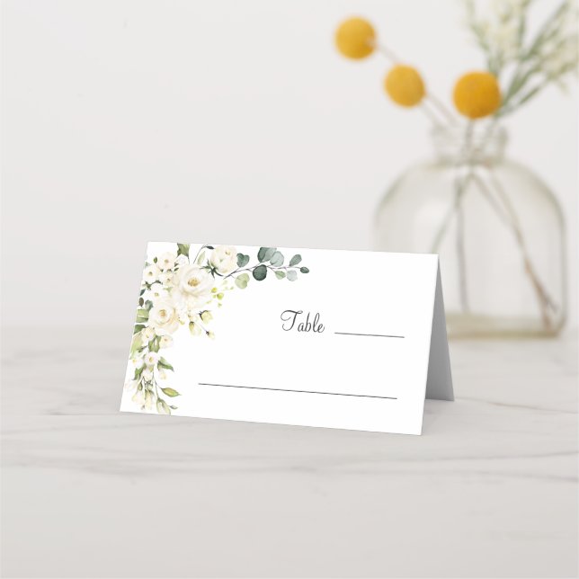 Ivory White Roses Floral Greenery Wedding Table Place Card (Front)