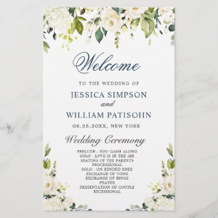 Ivory White Roses Floral Wedding Ceremony Program