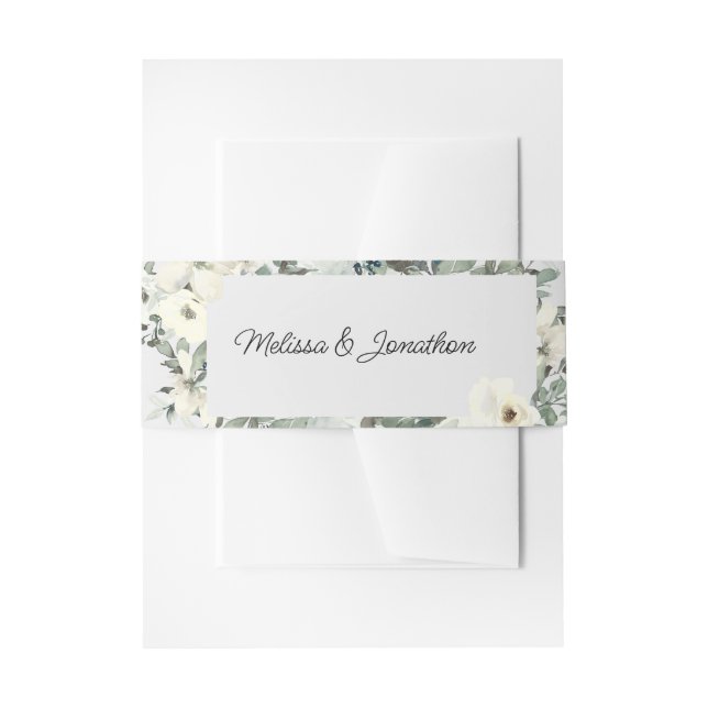Ivory White Roses Floral Wedding Invitation Invitation Belly Band (Front Example)
