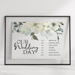 Ivory White Roses Floral Wedding Schedule Poster