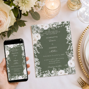 Ivory white roses green moss snow winter wedding invitation