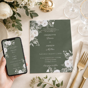 Ivory white roses green moss wedding invitation