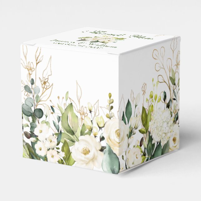 Ivory White Roses Greenery  Floral Gift Wedding Favour Box (Front Side)
