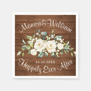 Ivory White Roses Greenery Rustic Wood Wedding Napkin