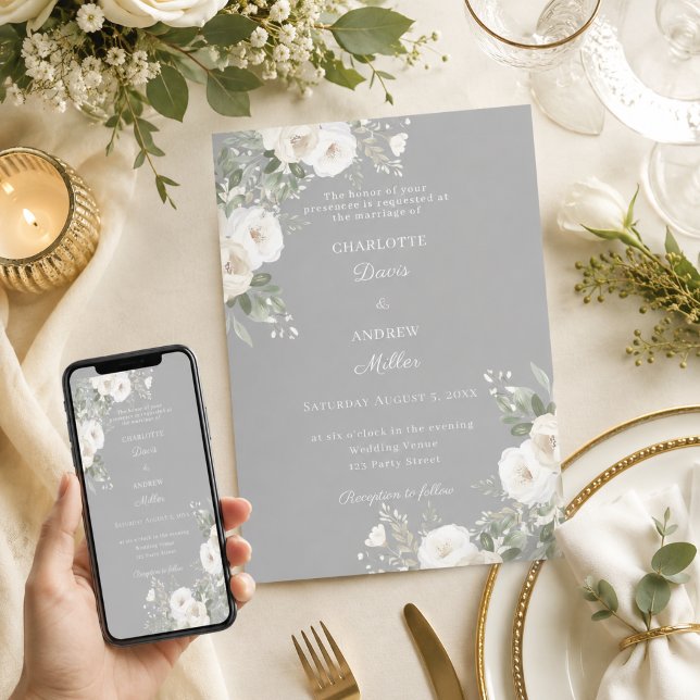 Ivory white roses grey wedding invitation (Creator Uploaded)