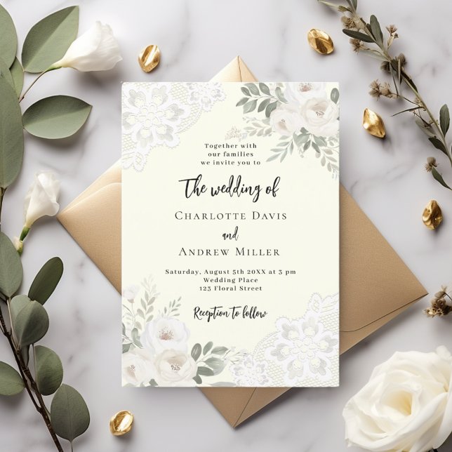 Ivory white roses lace wedding invitation (Creator Uploaded)