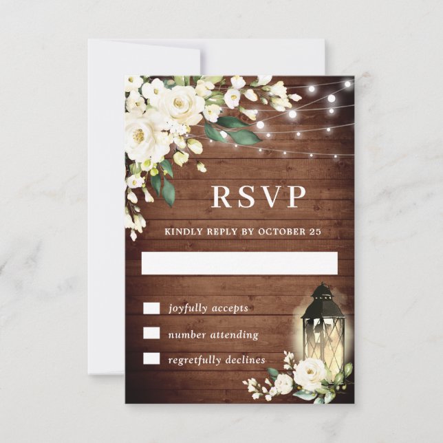 Ivory White Roses Rustic Wood Lantern RSVP Card (Front)