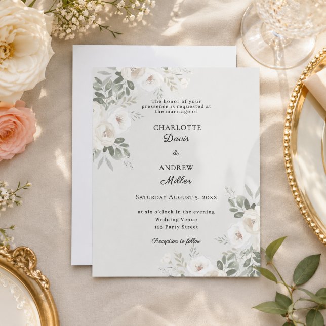 Ivory white roses sage green wedding invitation (Creator Uploaded)
