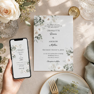 Ivory white roses sage green wedding invitation