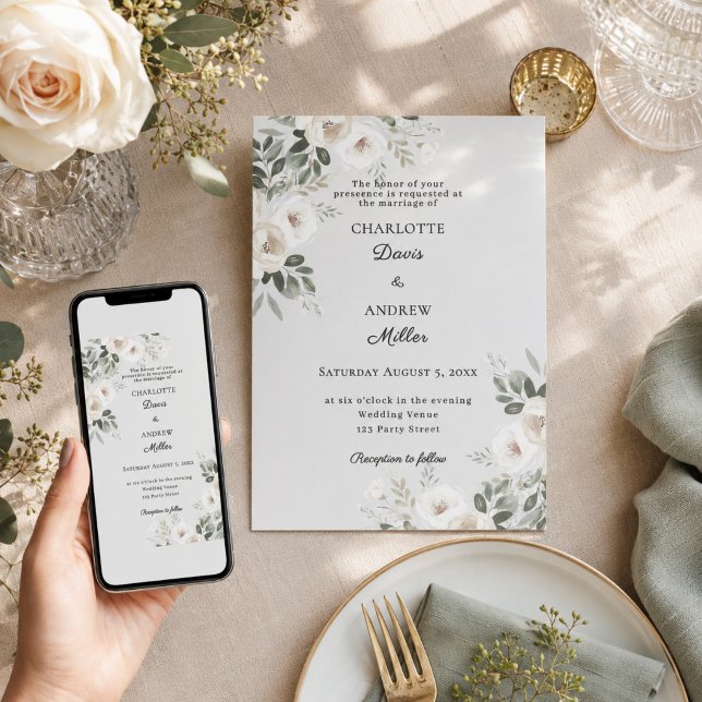 Ivory white roses sage green wedding invitation (Creator Uploaded)