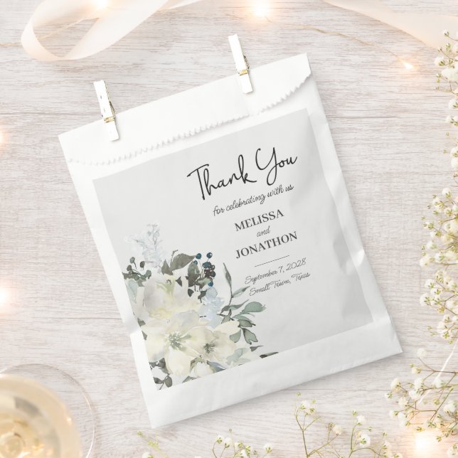 Ivory White Watercolor Floral Wedding Favour Bags (Clipped)