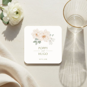 Ivory White    Watercolor Floral Wedding  Square Paper Coaster