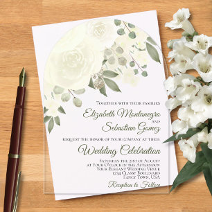Ivory White Watercolor Roses Elegant Arch Wedding Acrylic Invitations