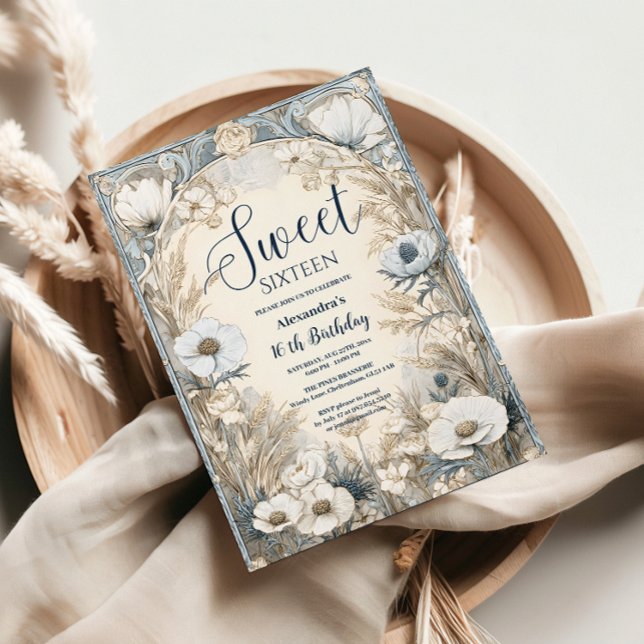 Ivory Wildflower Art Nouveau Sweet Sixteen Invitation (Creator Uploaded)