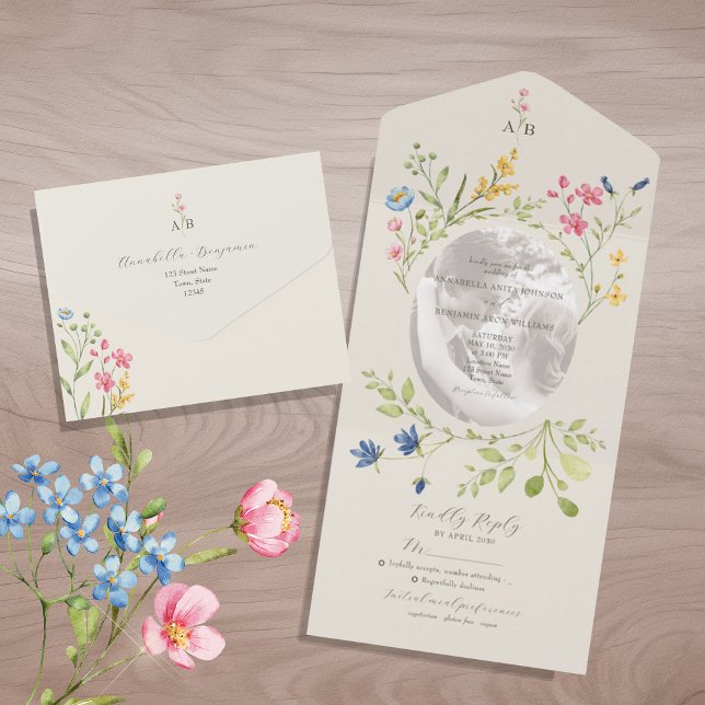 Ivory Wildflower Floral Photo Wedding All In One Invitation (Creator Uploaded)