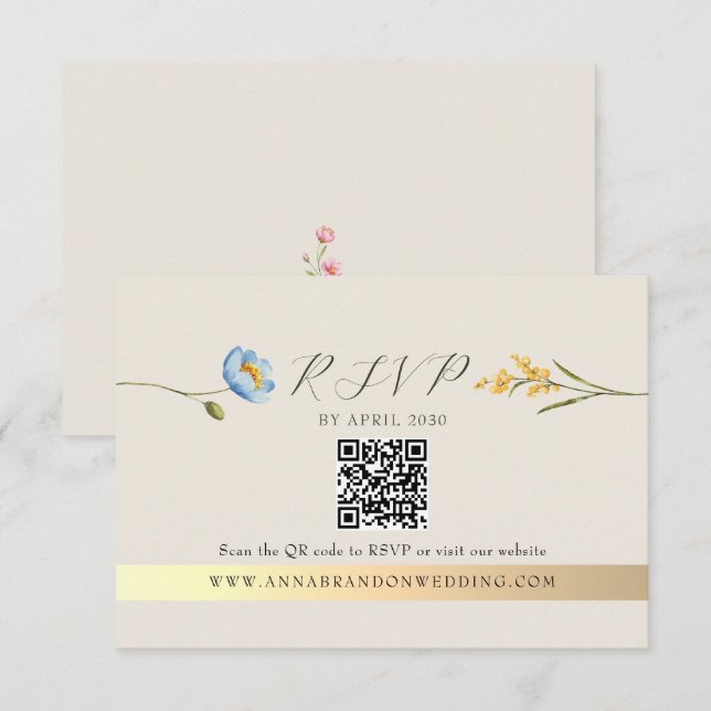 Ivory Wildflower QR Code Wedding RSVP Card (Front/Back)