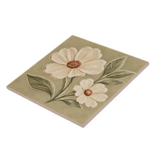 Ivory Wildflowers and Olive Leaves Ceramic Tile