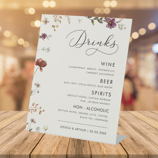 Ivory Wildflowers Fall Wedding Bar Drink Menu Pedestal Sign (Creator Uploaded)