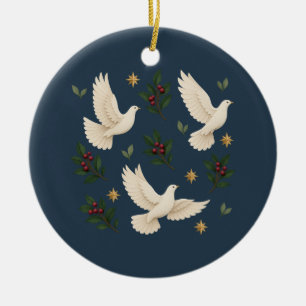 Ivory Winter Doves Blue Ceramic Circle Ornament