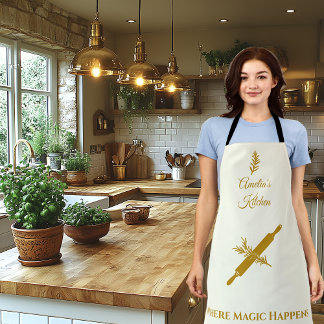 Ivory with Dark Gold Rolling Pin and Herb Motif Apron