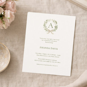 Ivory wreath bow monogram Bridal Shower invitation