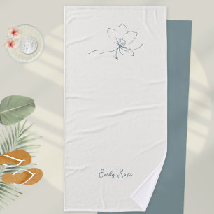 Ivory Zen Yoga Floral Line Art Coastal Blue Bath Towel