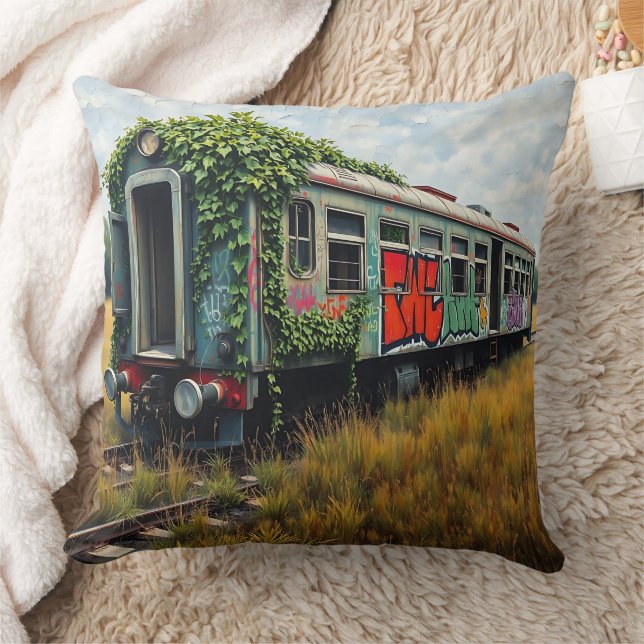 Ivy and Graffiti  Covered Abandoned Train  Cushion (Blanket)