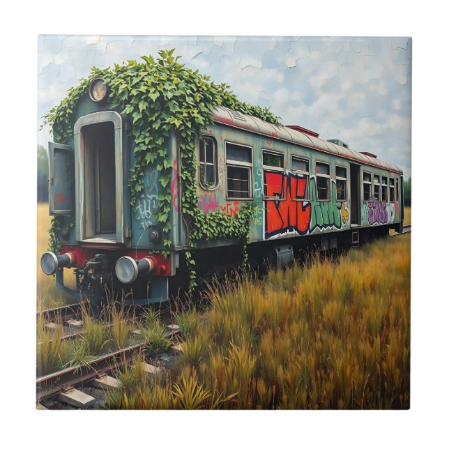 Ivy and Graffiti  Covered Abandoned Train  Tile (Front)