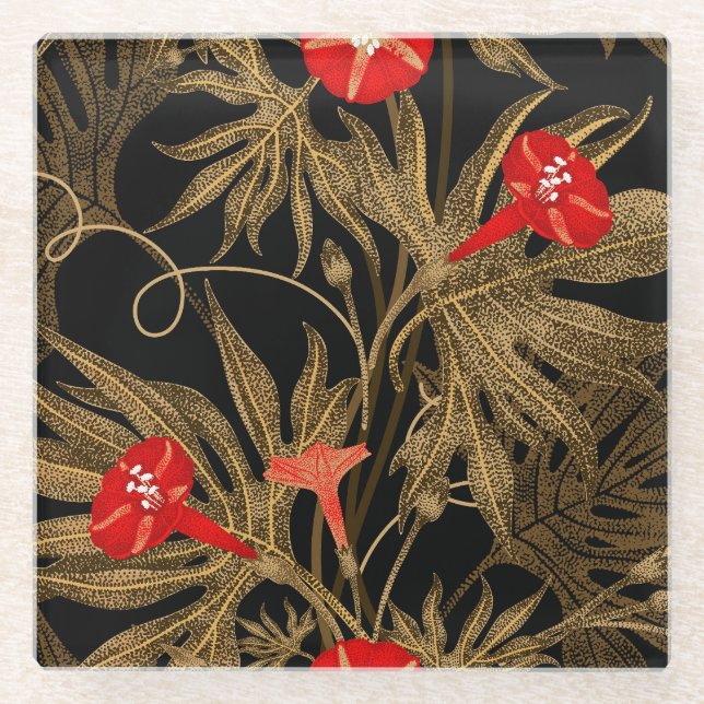 Ivy Climbing Plant: Golden Vintage. Glass Coaster (Front)