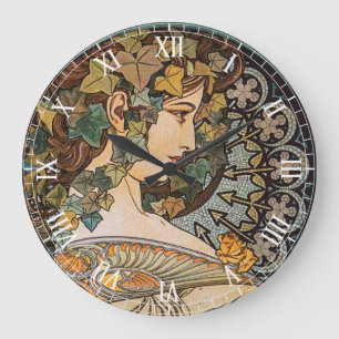Ivy Hair Girl Painting by Alphonse Mucha Large Clock