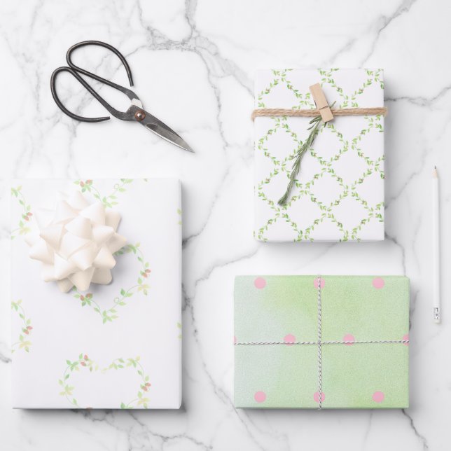 Ivy Hearts, Trellis and Dots Assorted Wrapping Paper Sheet (Front)