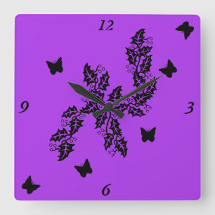 Ivy Leaves and black Butterfly on Purple Square Wall Clock
