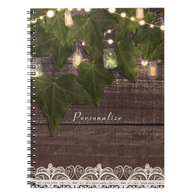 Ivy & String Lights Mason Jar Rustic Elegant Notebook (Front)