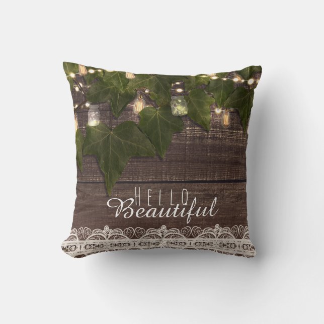 Ivy & String Lights Mason Jar Rustic Farmhouse Cushion (Front)