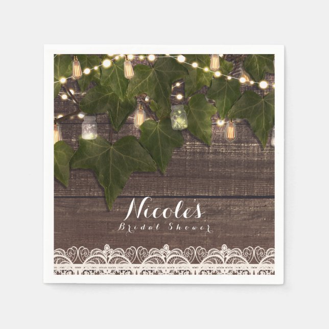 Ivy & String Lights Mason Jar Rustic Reception Napkin (Front)