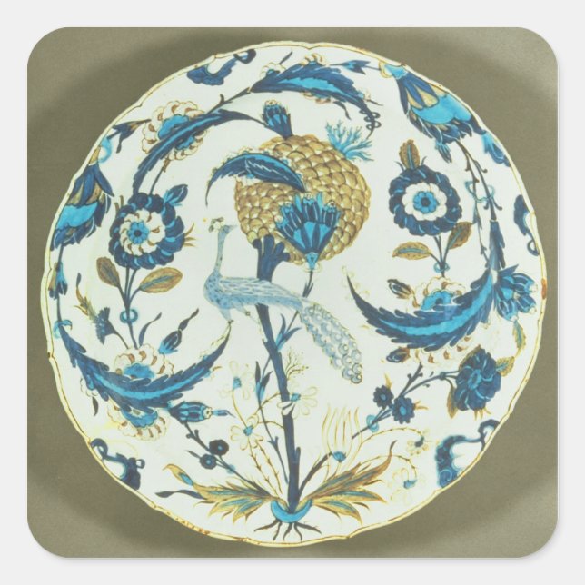 Iznik dish painted with a peacock perched among fl square sticker (Front)