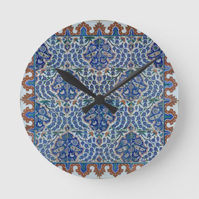 Iznik Floral Ethnic Tribal Turkish Mosaic Pottery Round Clock (Front)