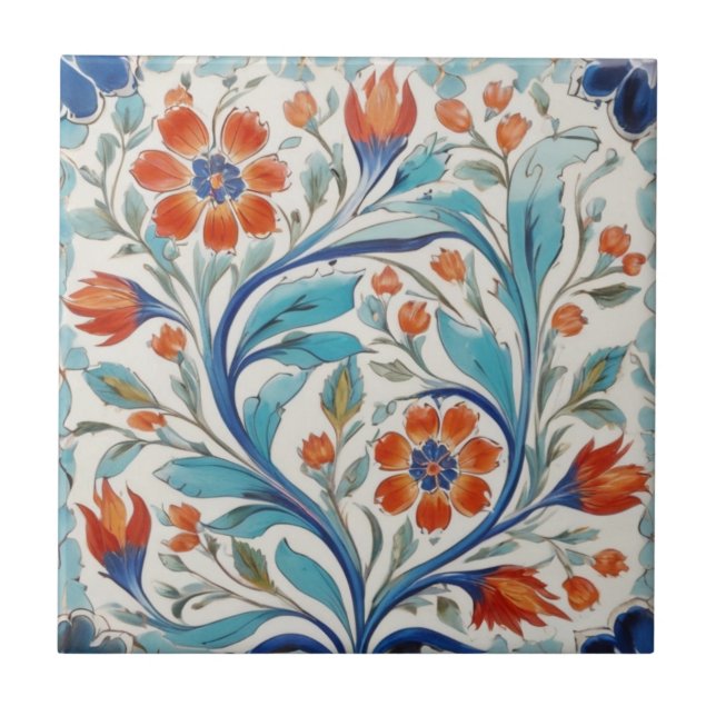 Iznik Turkish Floral Green Blue Orange Red Flowers Tile (Front)