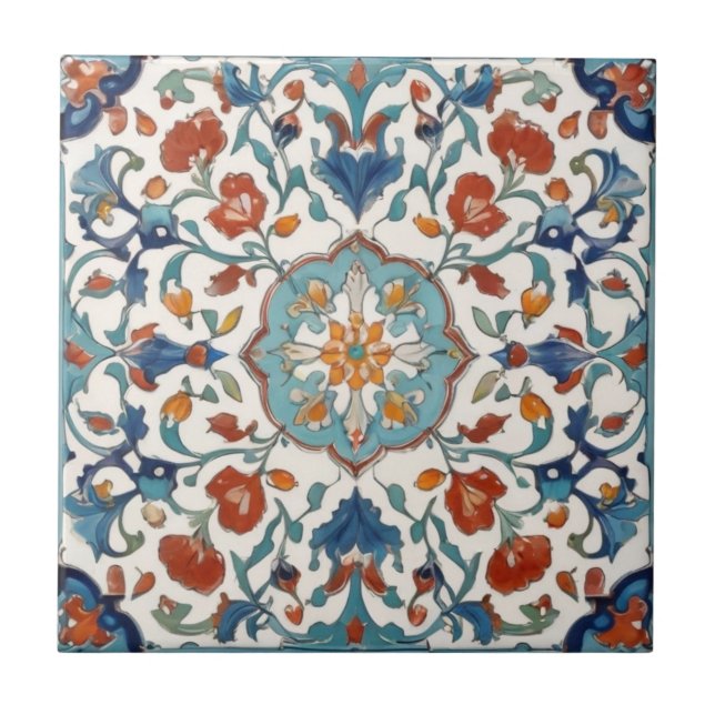 Iznik Turkish Floral Vintage Antique Style Tile (Front)