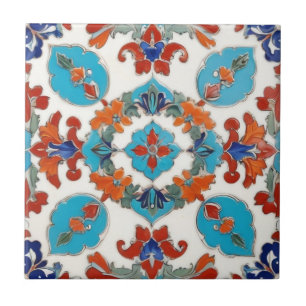 Iznik Turkish Floral Vintage Red Blue Symmetrical Tile