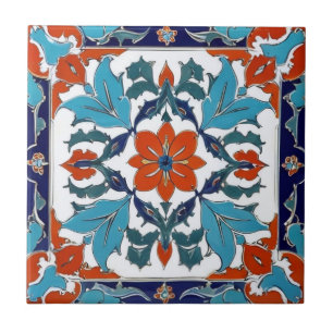 Iznik Turkish Flower Orange Red Blue White Floral Tile