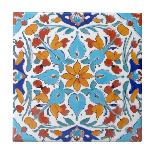 Iznik Turkish Orange Red Turquoise Blue Floral Tile (Front)