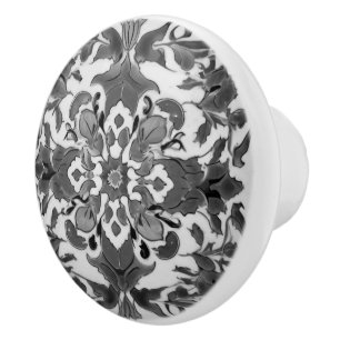 Iznik Turkish Vintage Black and White Abstract Ceramic Knob