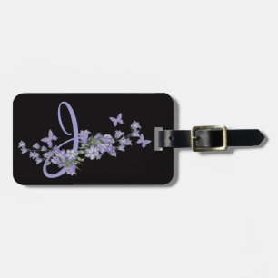 J - Blue Bells Butterfly Monogram Black Background Luggage Tag