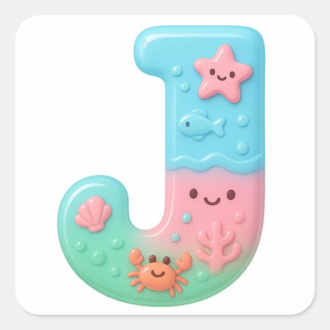 "J" Cute Letter - Underwater Sea Creature Square Sticker (Front)