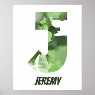 "J" Dinosaur Watercolor Green Child's Name Poster